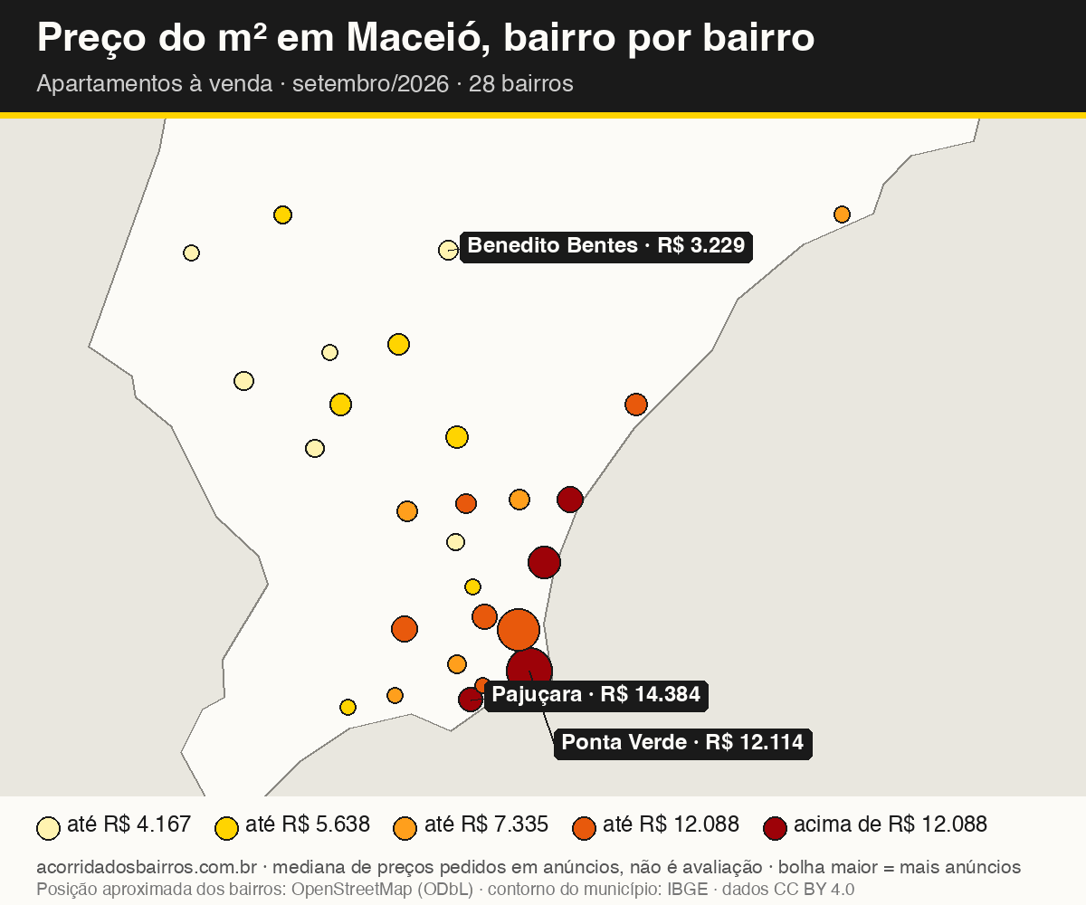 Mapa do preço do m² por bairro em Maceió, apartamentos, venda, setembro/2026