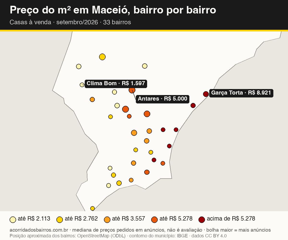 Mapa do preço do m² por bairro em Maceió, casas, venda, setembro/2026