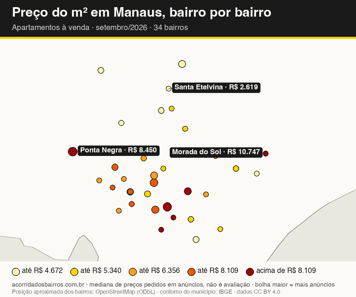 Mapa do preço do m² por bairro em Manaus, apartamentos, venda, setembro/2026