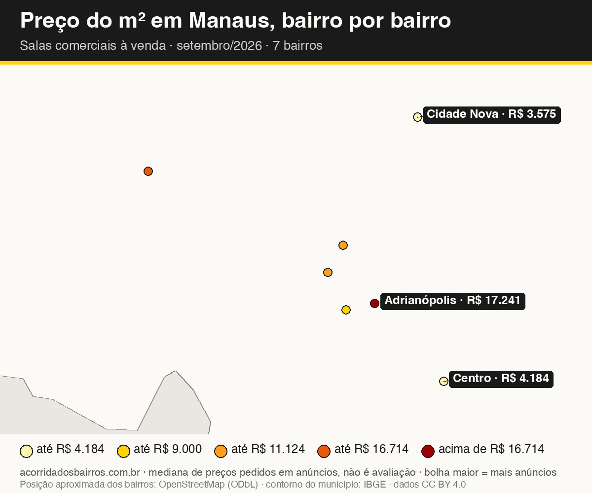 Mapa do preço do m² por bairro em Manaus, salas comerciais, venda, setembro/2026