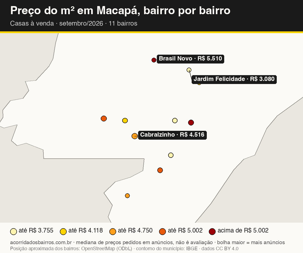 Mapa do preço do m² por bairro em Macapá, casas, venda, setembro/2026