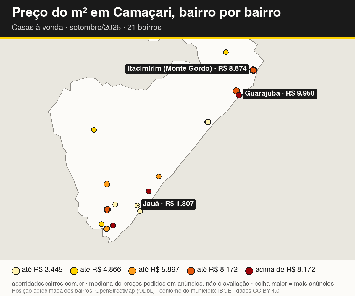 Mapa do preço do m² por bairro em Camaçari, casas, venda, setembro/2026