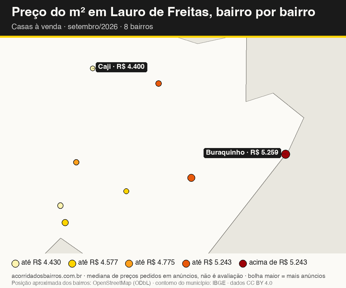 Mapa do preço do m² por bairro em Lauro de Freitas, casas, venda, setembro/2026