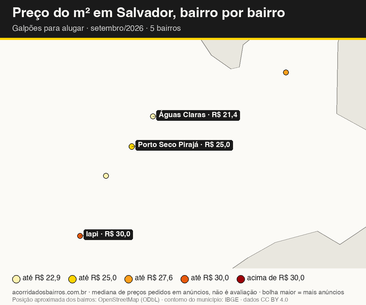 Mapa do preço do m² por bairro em Salvador, galpões, aluguel, setembro/2026