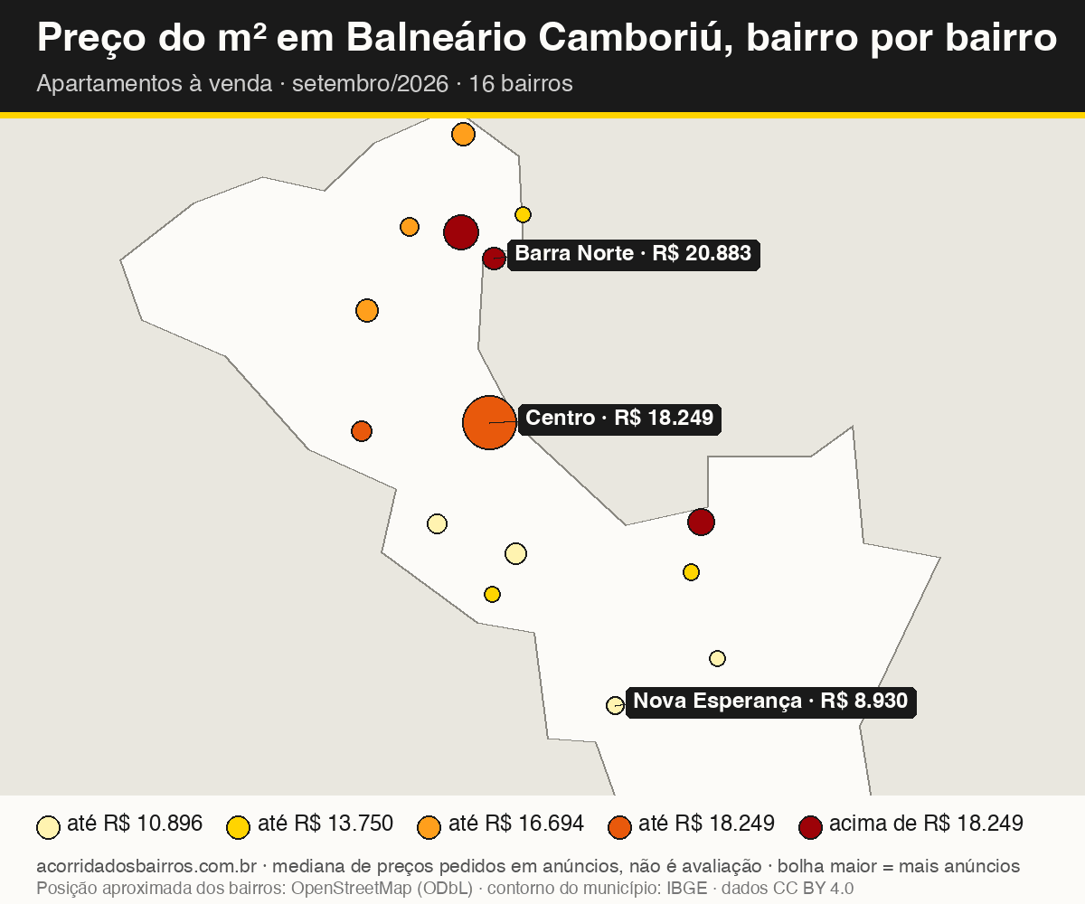 Mapa do preço do m² por bairro em Balneário Camboriú, apartamentos, venda, setembro/2026