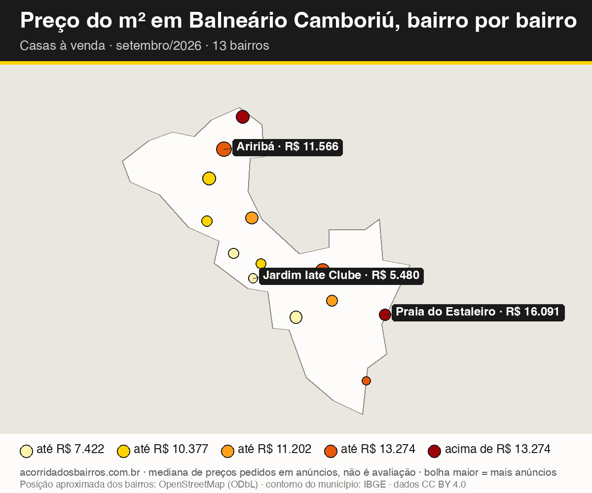 Mapa do preço do m² por bairro em Balneário Camboriú, casas, venda, setembro/2026