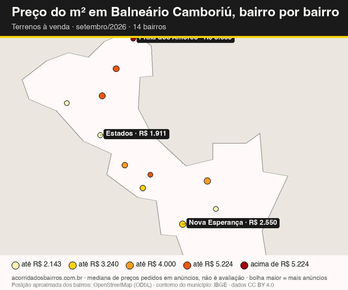 Mapa do preço do m² por bairro em Balneário Camboriú, terrenos, venda, setembro/2026