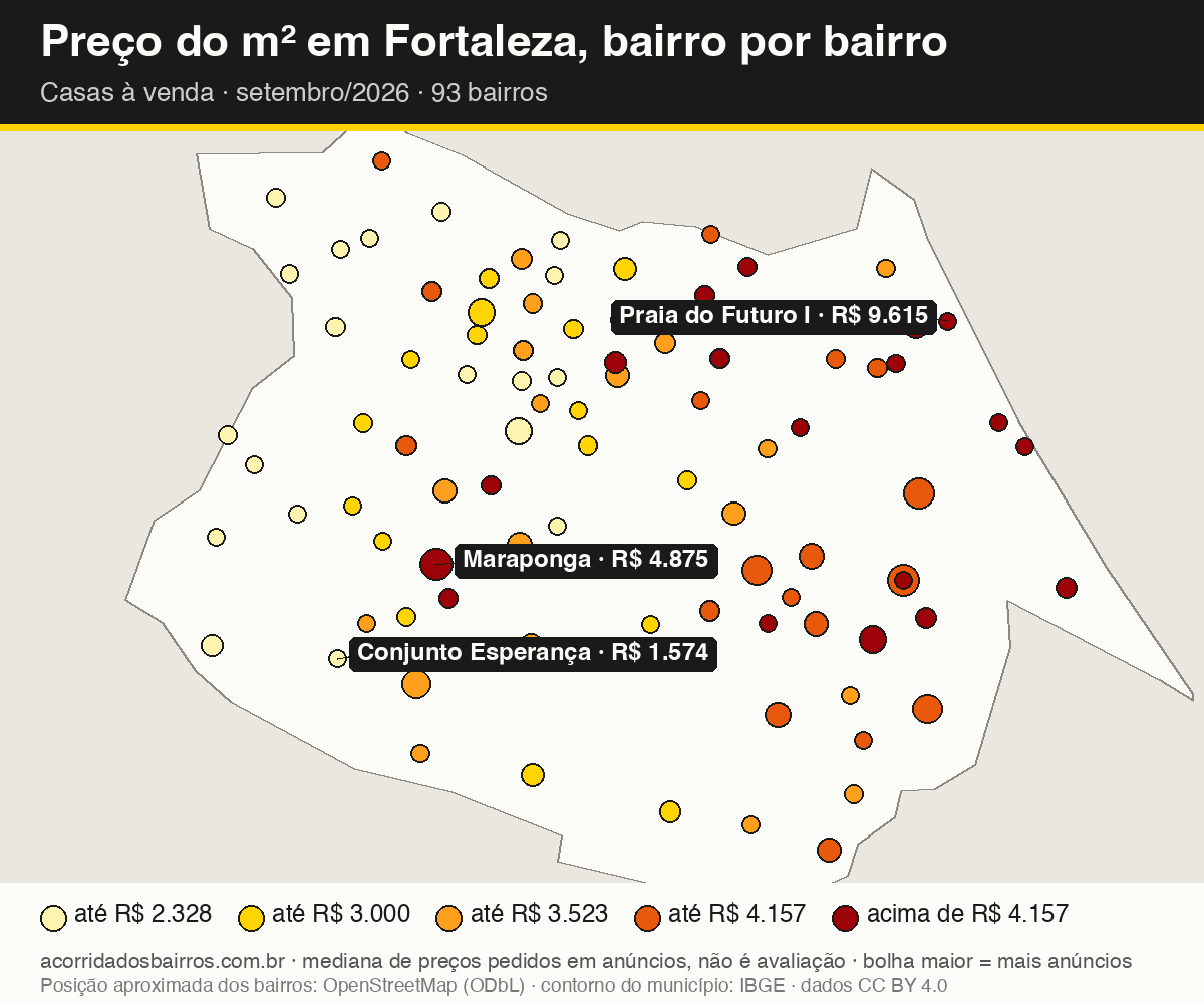 Mapa do preço do m² por bairro em Fortaleza, casas, venda, setembro/2026