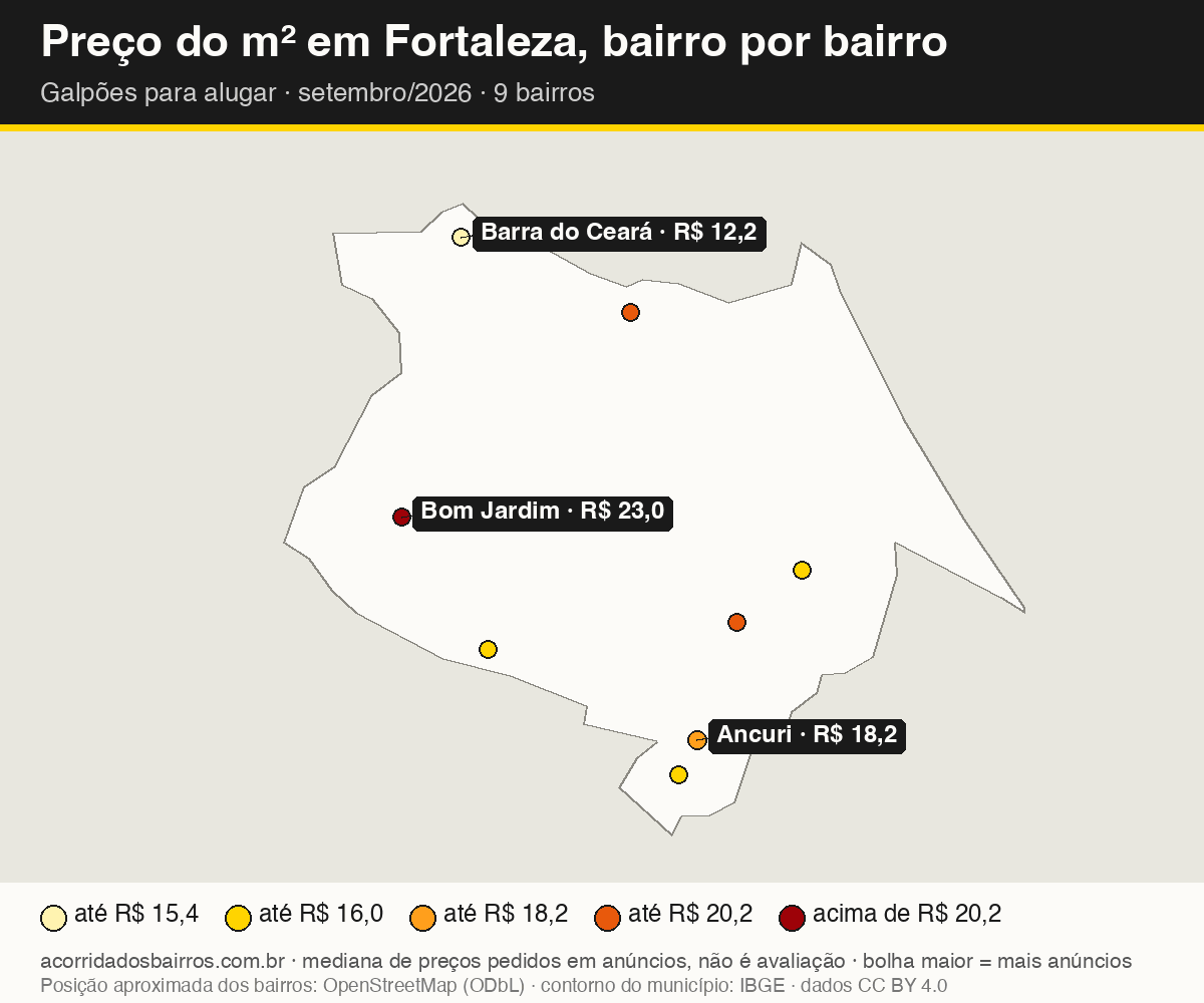Mapa do preço do m² por bairro em Fortaleza, galpões, aluguel, setembro/2026
