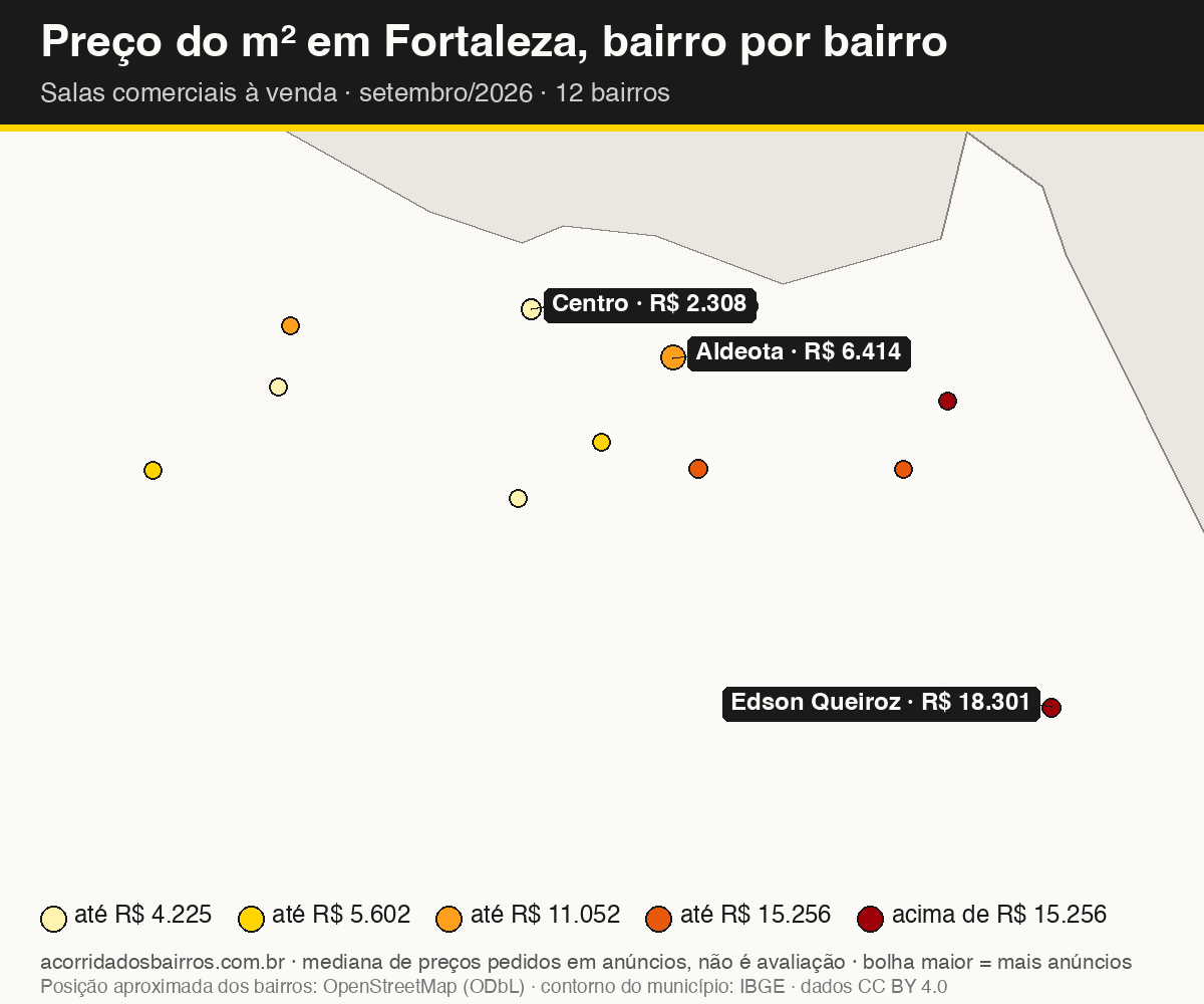 Mapa do preço do m² por bairro em Fortaleza, salas comerciais, venda, setembro/2026