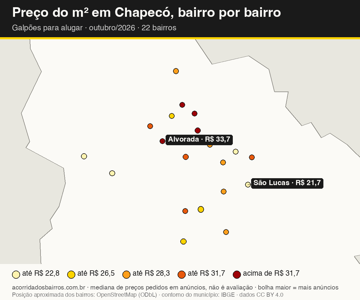 Mapa do preço do m² por bairro em Chapecó, galpões, aluguel, outubro/2026
