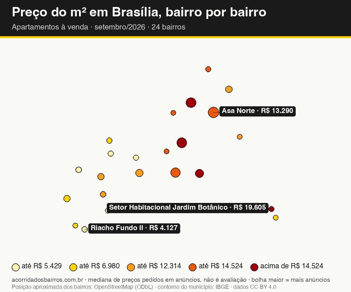 Mapa do preço do m² por bairro em Brasília, apartamentos, venda, setembro/2026