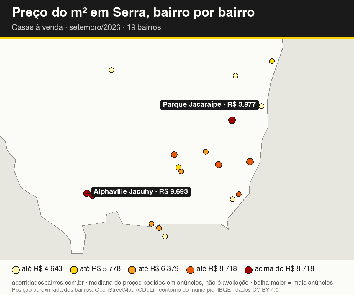 Mapa do preço do m² por bairro em Serra, casas, venda, setembro/2026