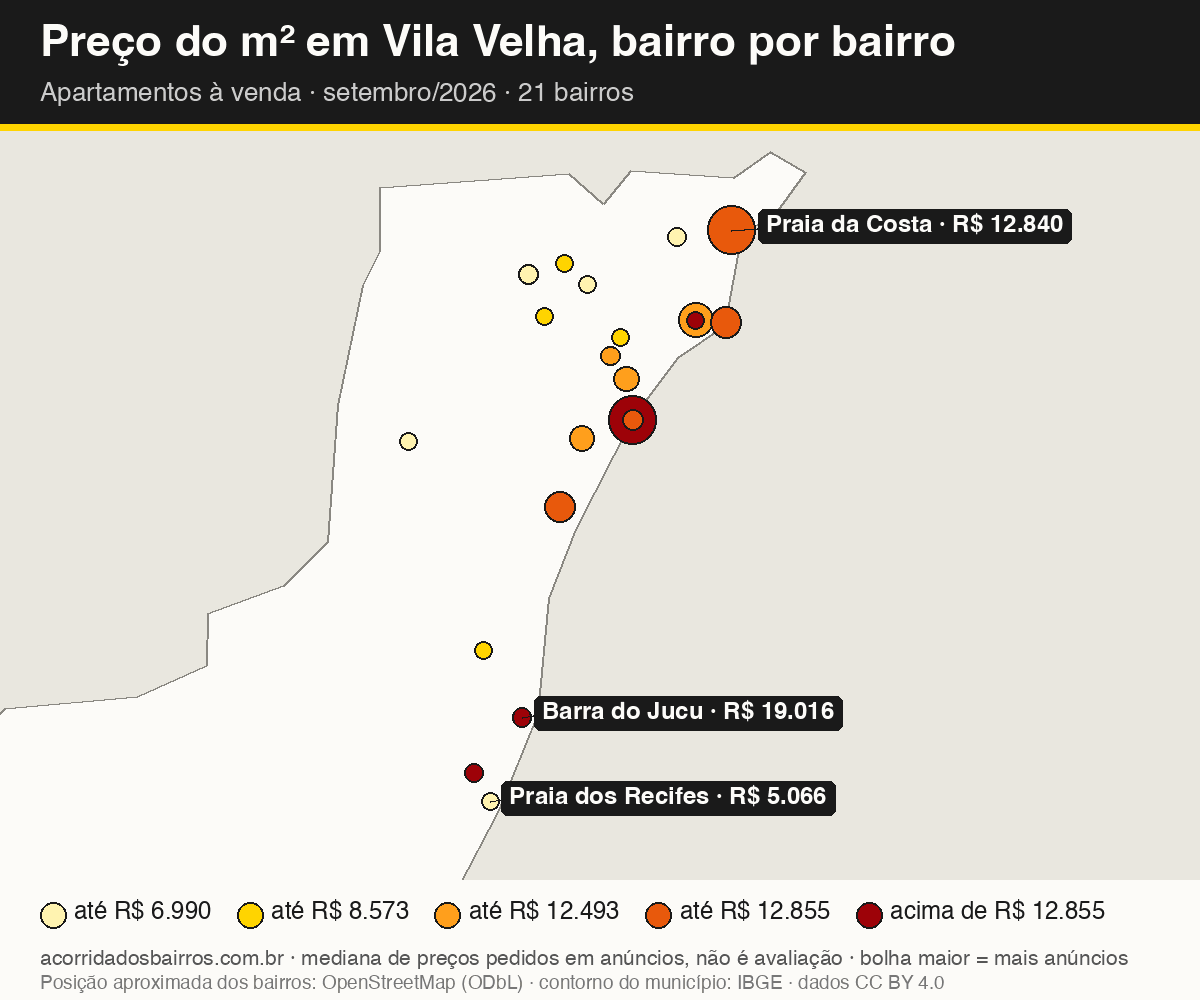 Mapa do preço do m² por bairro em Vila Velha, apartamentos, venda, setembro/2026