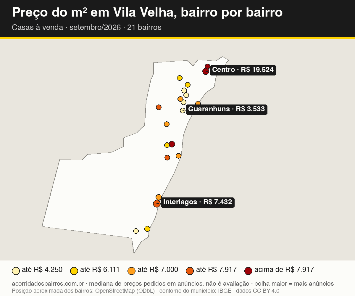 Mapa do preço do m² por bairro em Vila Velha, casas, venda, setembro/2026