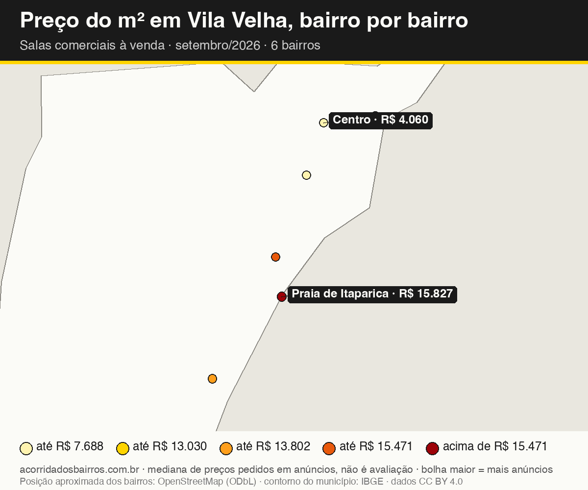 Mapa do preço do m² por bairro em Vila Velha, salas comerciais, venda, setembro/2026