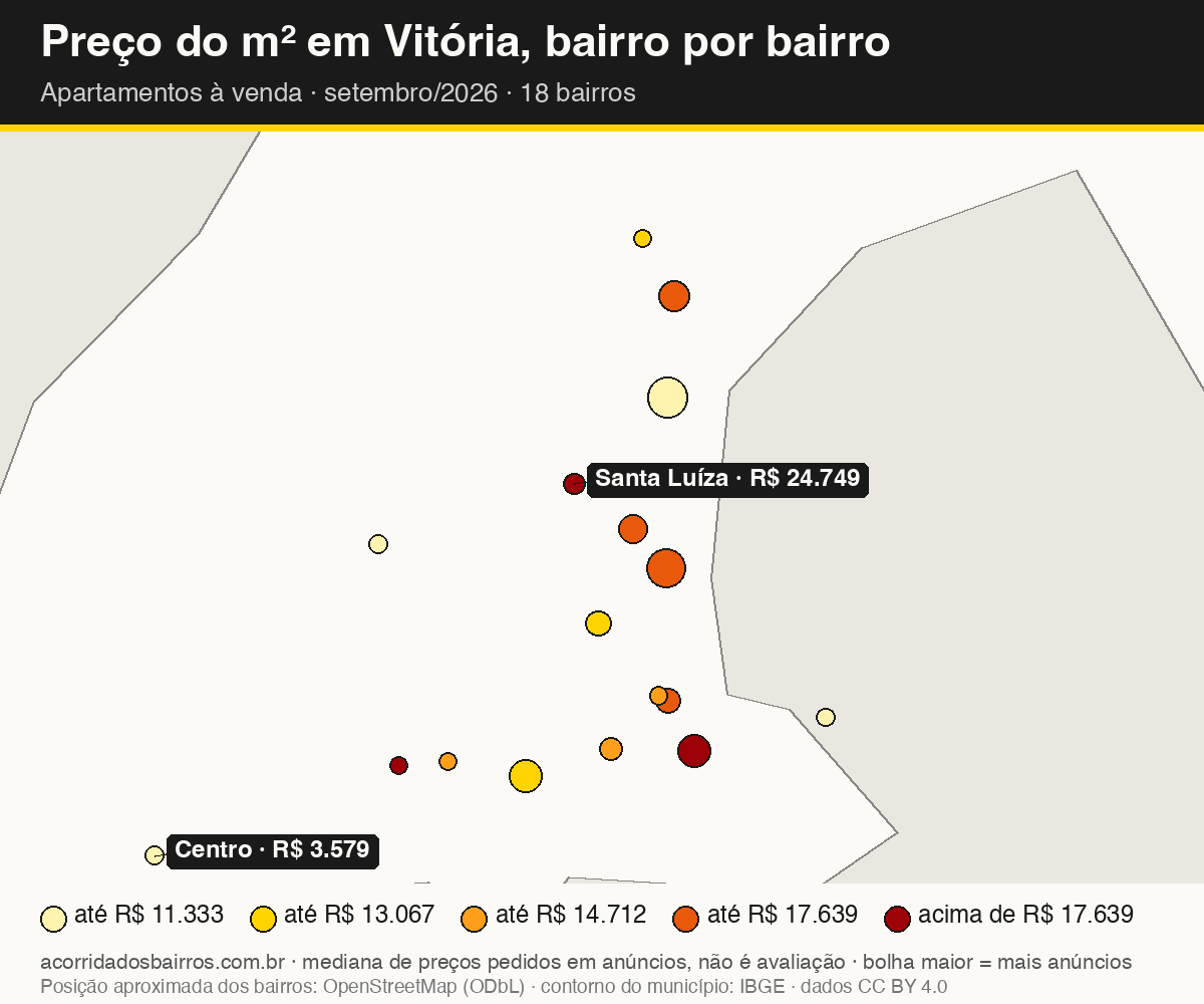 Mapa do preço do m² por bairro em Vitória, apartamentos, venda, setembro/2026