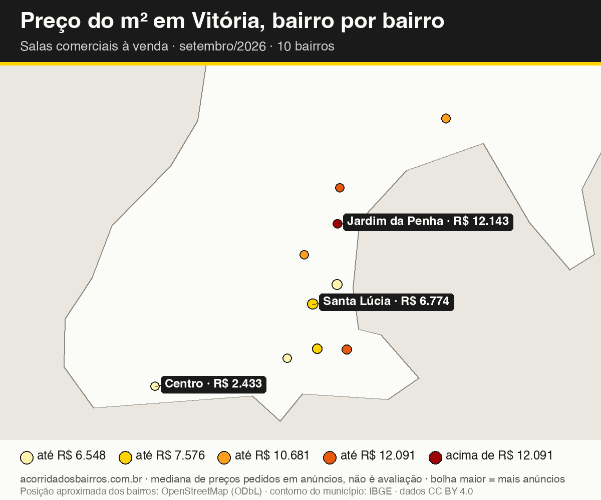 Mapa do preço do m² por bairro em Vitória, salas comerciais, venda, setembro/2026