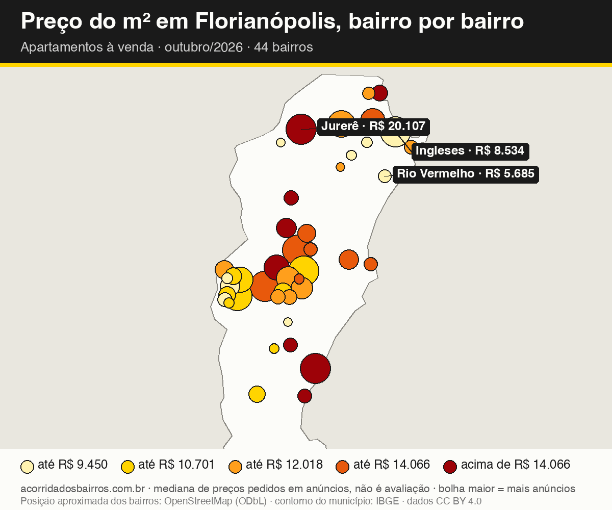 Mapa do preço do m² por bairro em Florianópolis, apartamentos, venda, outubro/2026
