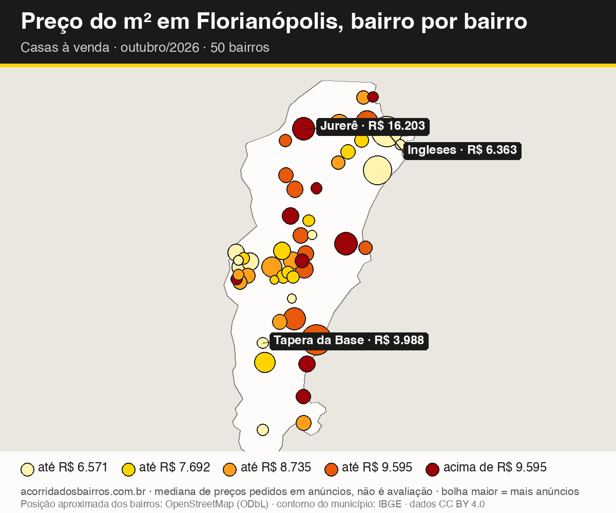 Mapa do preço do m² por bairro em Florianópolis, casas, venda, outubro/2026