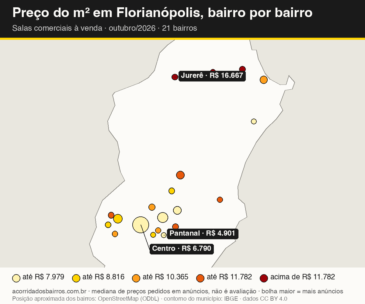 Mapa do preço do m² por bairro em Florianópolis, salas comerciais, venda, outubro/2026