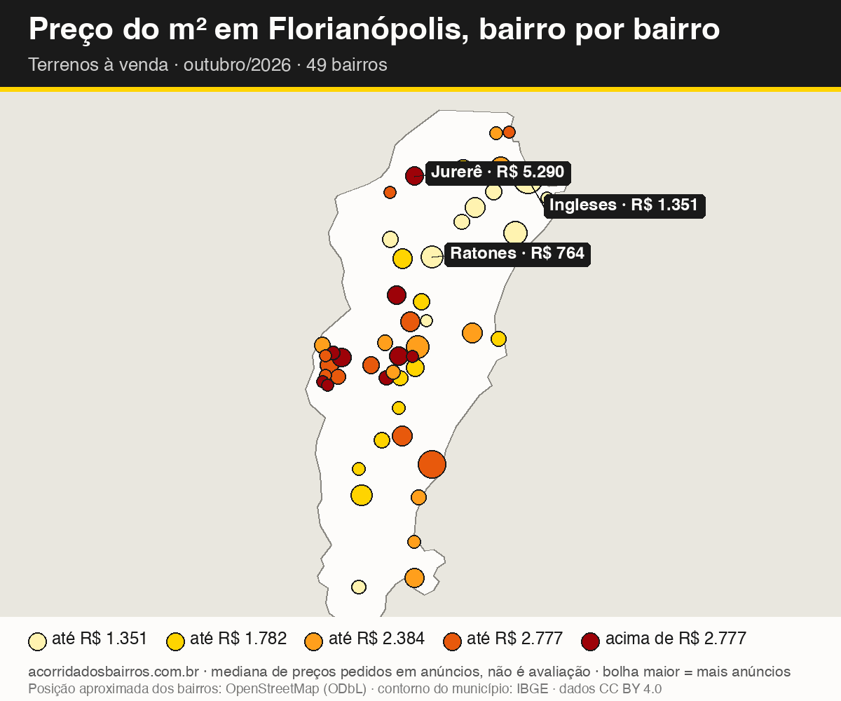 Mapa do preço do m² por bairro em Florianópolis, terrenos, venda, outubro/2026