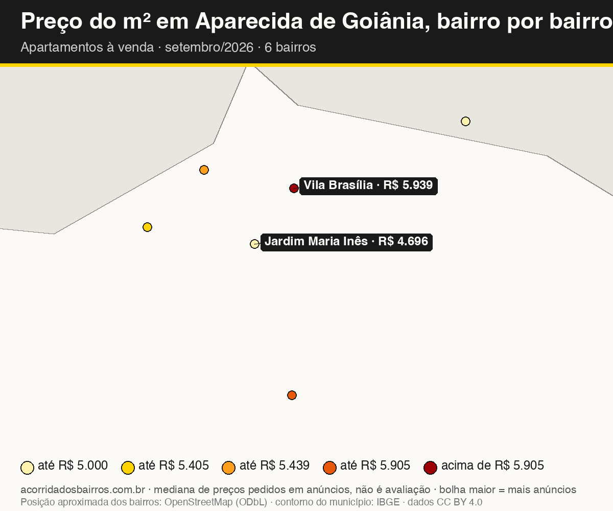 Mapa do preço do m² por bairro em Aparecida de Goiânia, apartamentos, venda, setembro/2026