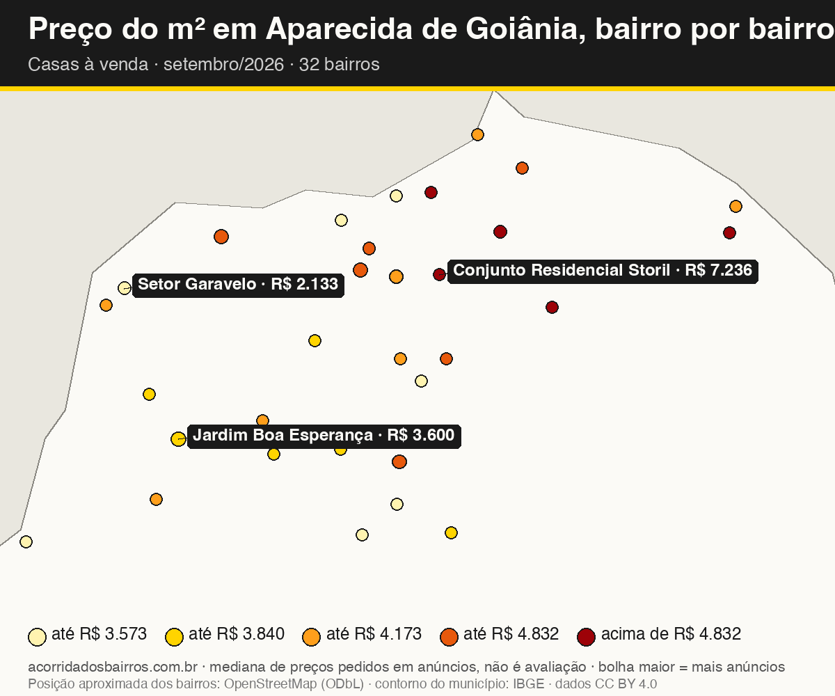 Mapa do preço do m² por bairro em Aparecida de Goiânia, casas, venda, setembro/2026