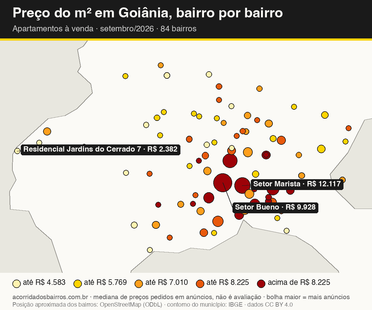 Mapa do preço do m² por bairro em Goiânia, apartamentos, venda, setembro/2026