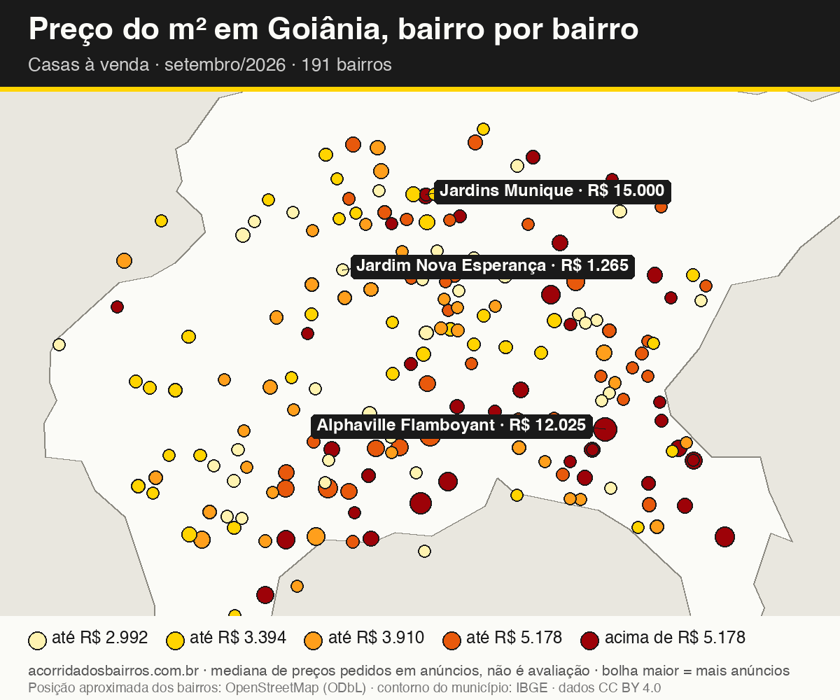 Mapa do preço do m² por bairro em Goiânia, casas, venda, setembro/2026