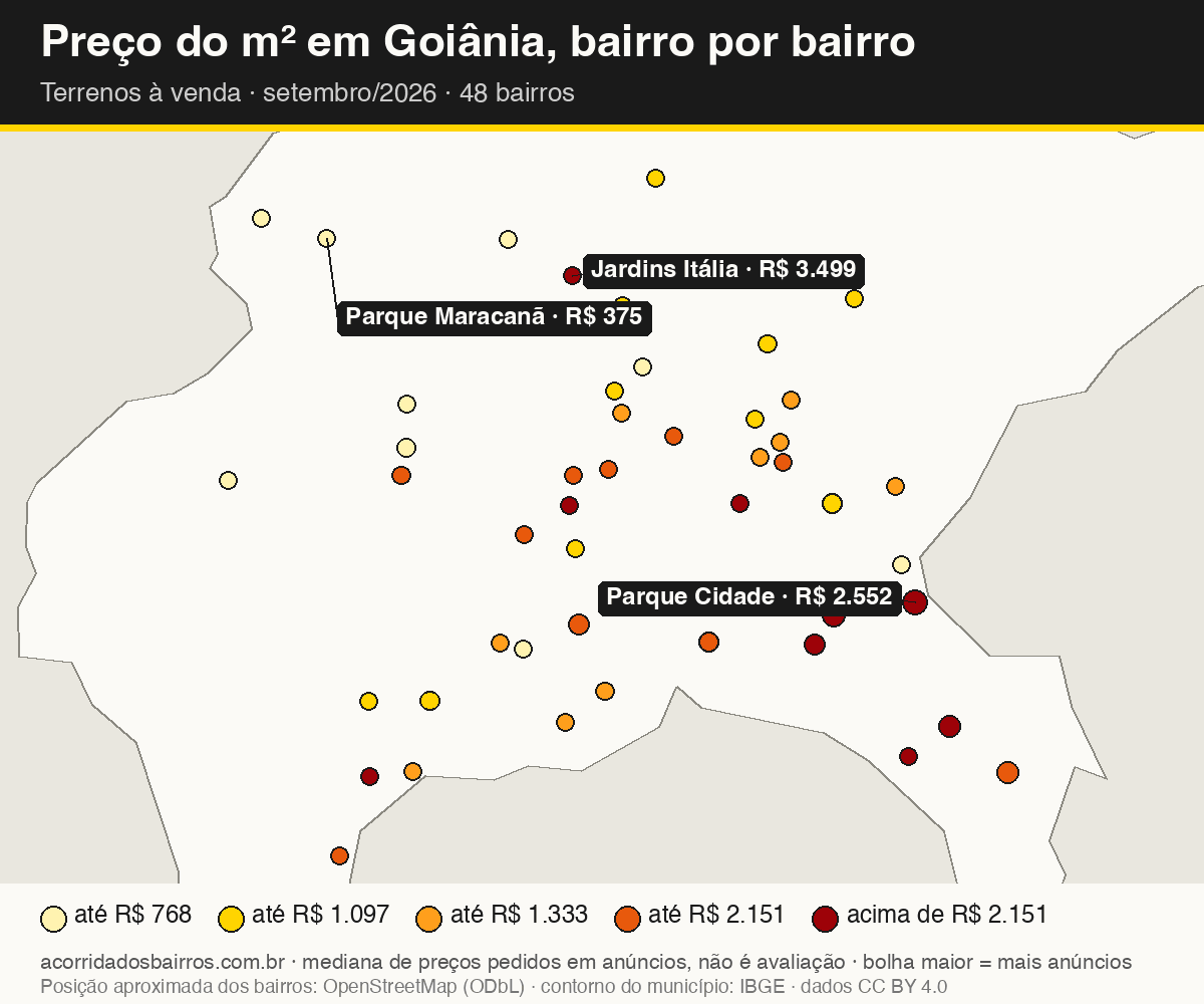 Mapa do preço do m² por bairro em Goiânia, terrenos, venda, setembro/2026