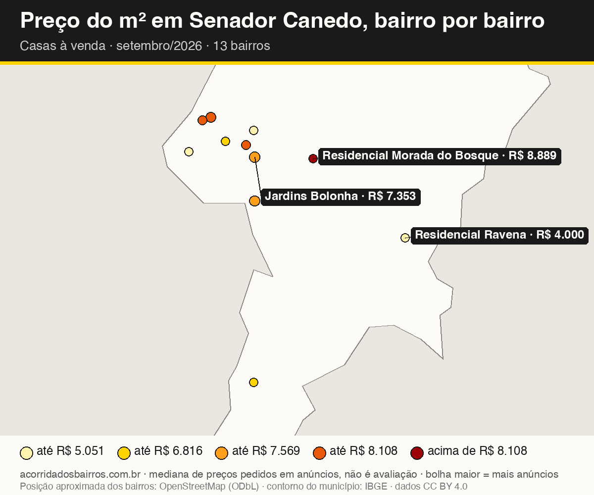 Mapa do preço do m² por bairro em Senador Canedo, casas, venda, setembro/2026