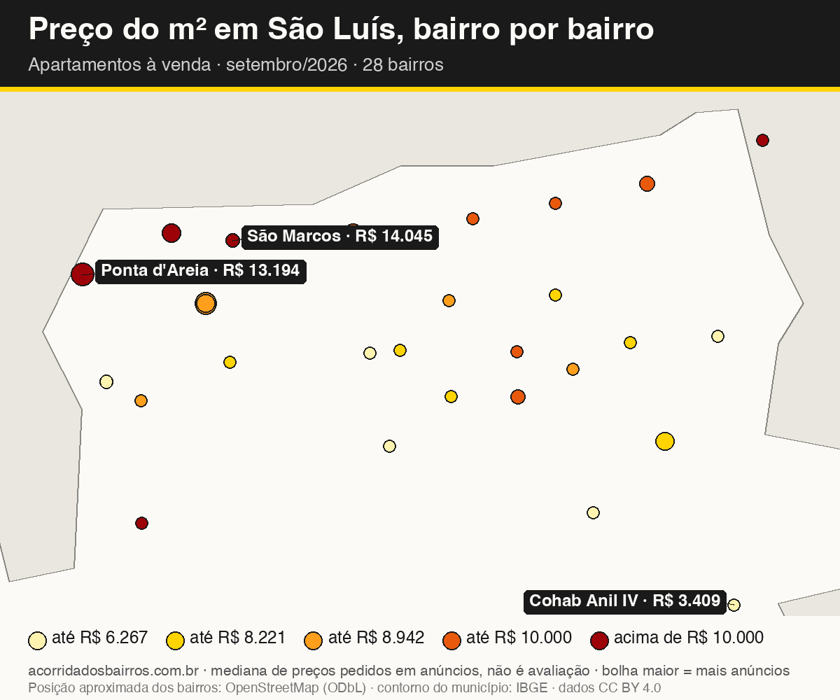 Mapa do preço do m² por bairro em São Luís, apartamentos, venda, setembro/2026