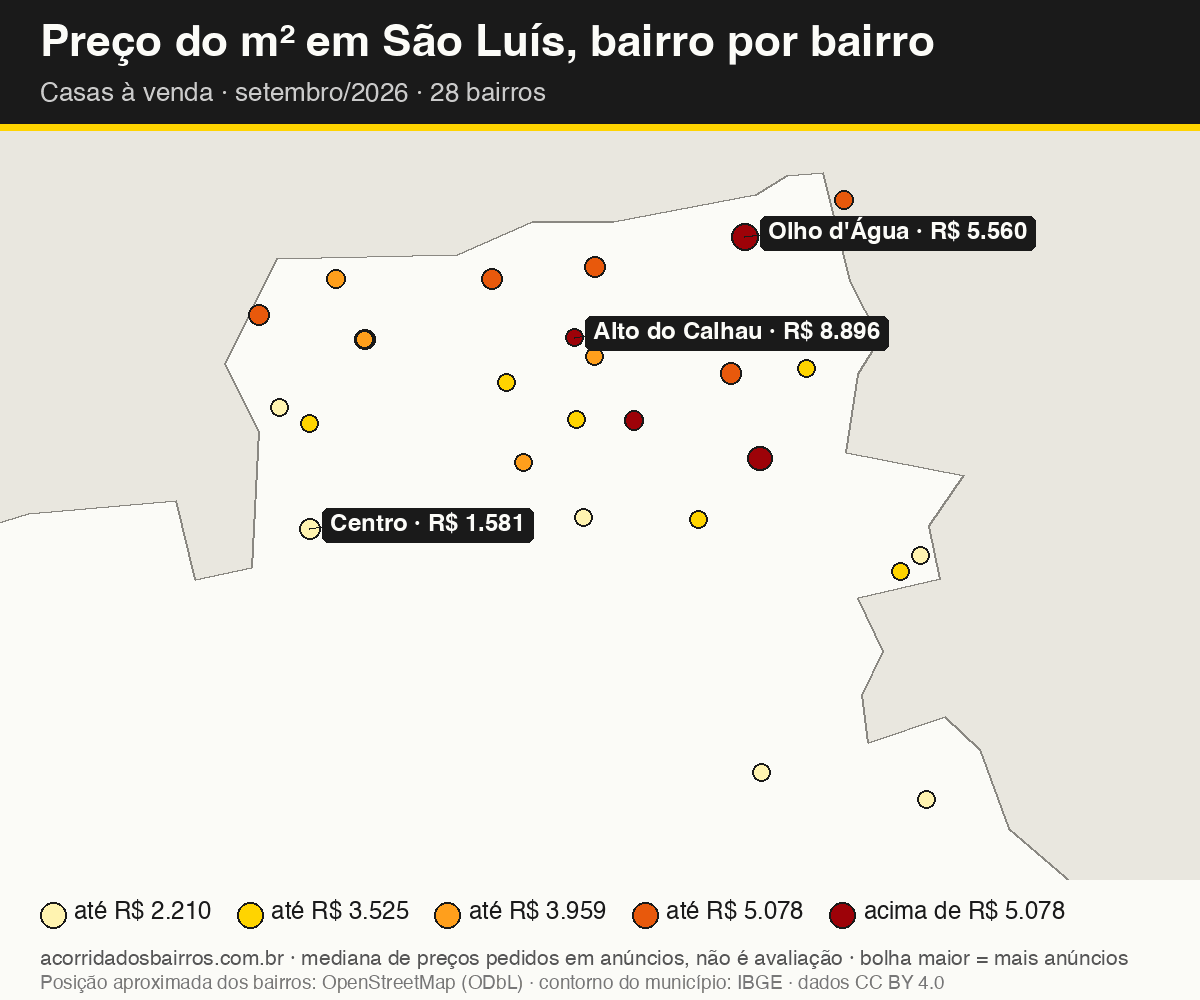Mapa do preço do m² por bairro em São Luís, casas, venda, setembro/2026
