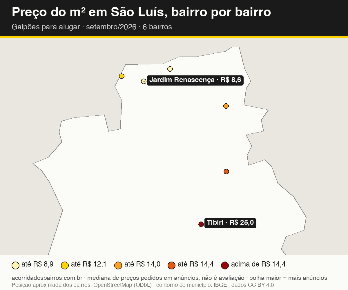 Mapa do preço do m² por bairro em São Luís, galpões, aluguel, setembro/2026