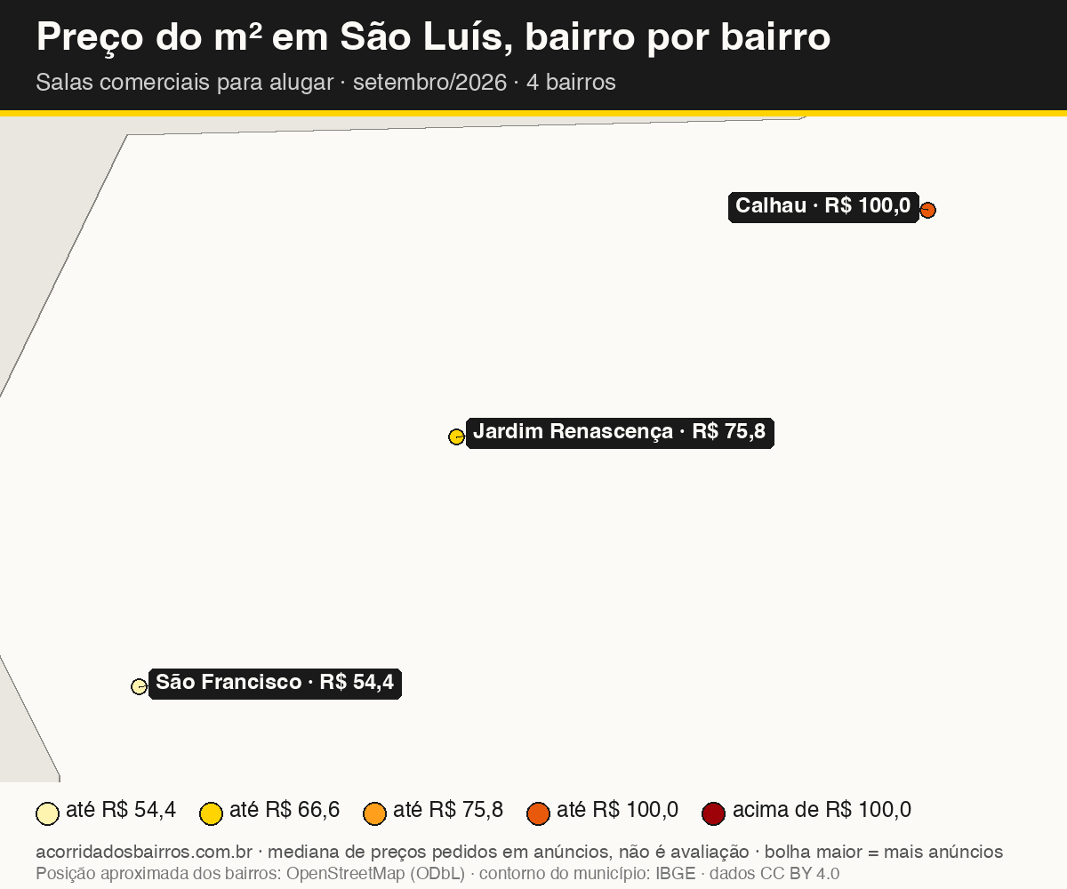 Mapa do preço do m² por bairro em São Luís, salas comerciais, aluguel, setembro/2026