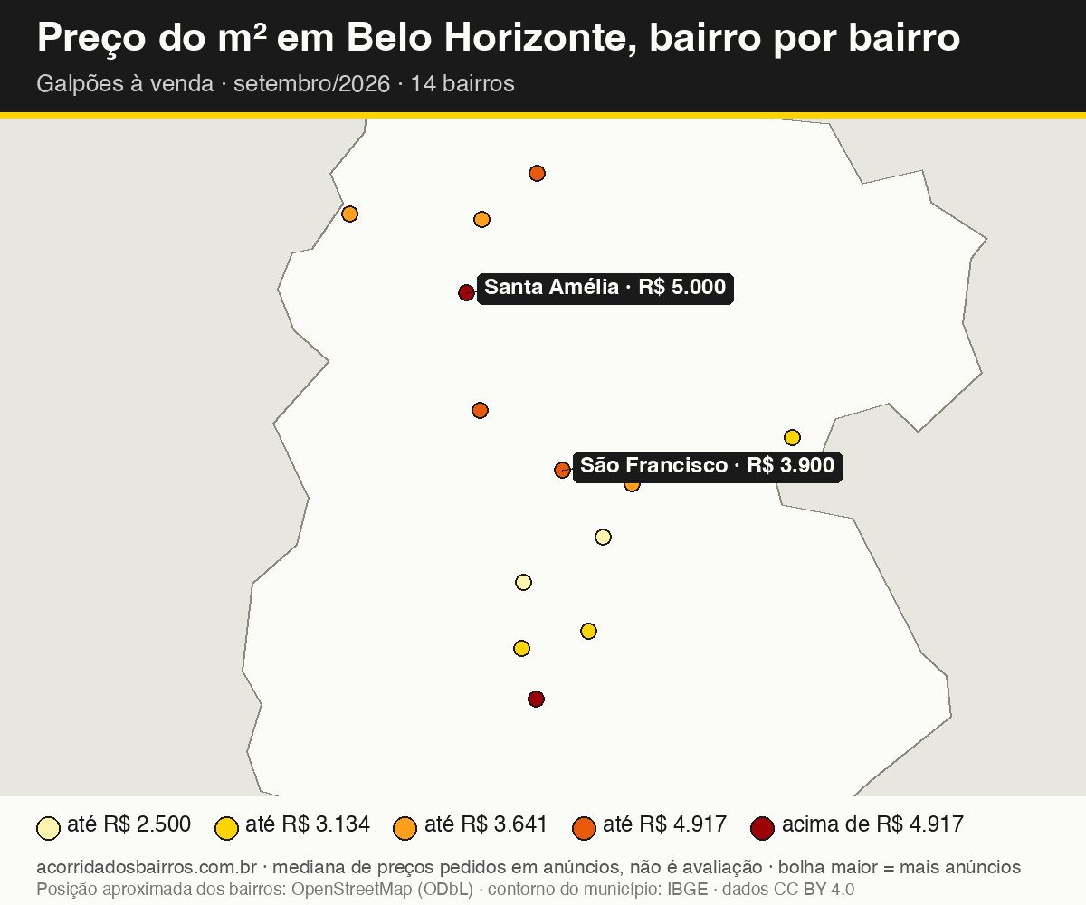 Mapa do preço do m² por bairro em Belo Horizonte, galpões, venda, setembro/2026
