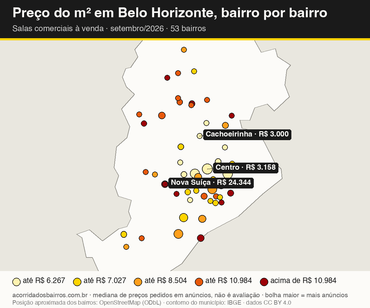 Mapa do preço do m² por bairro em Belo Horizonte, salas comerciais, venda, setembro/2026