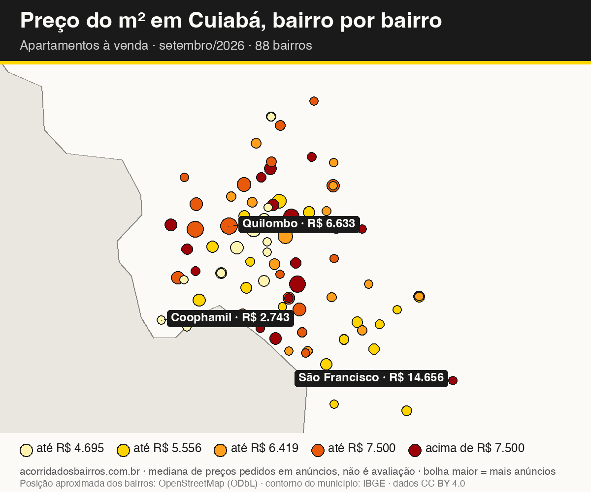 Mapa do preço do m² por bairro em Cuiabá, apartamentos, venda, setembro/2026