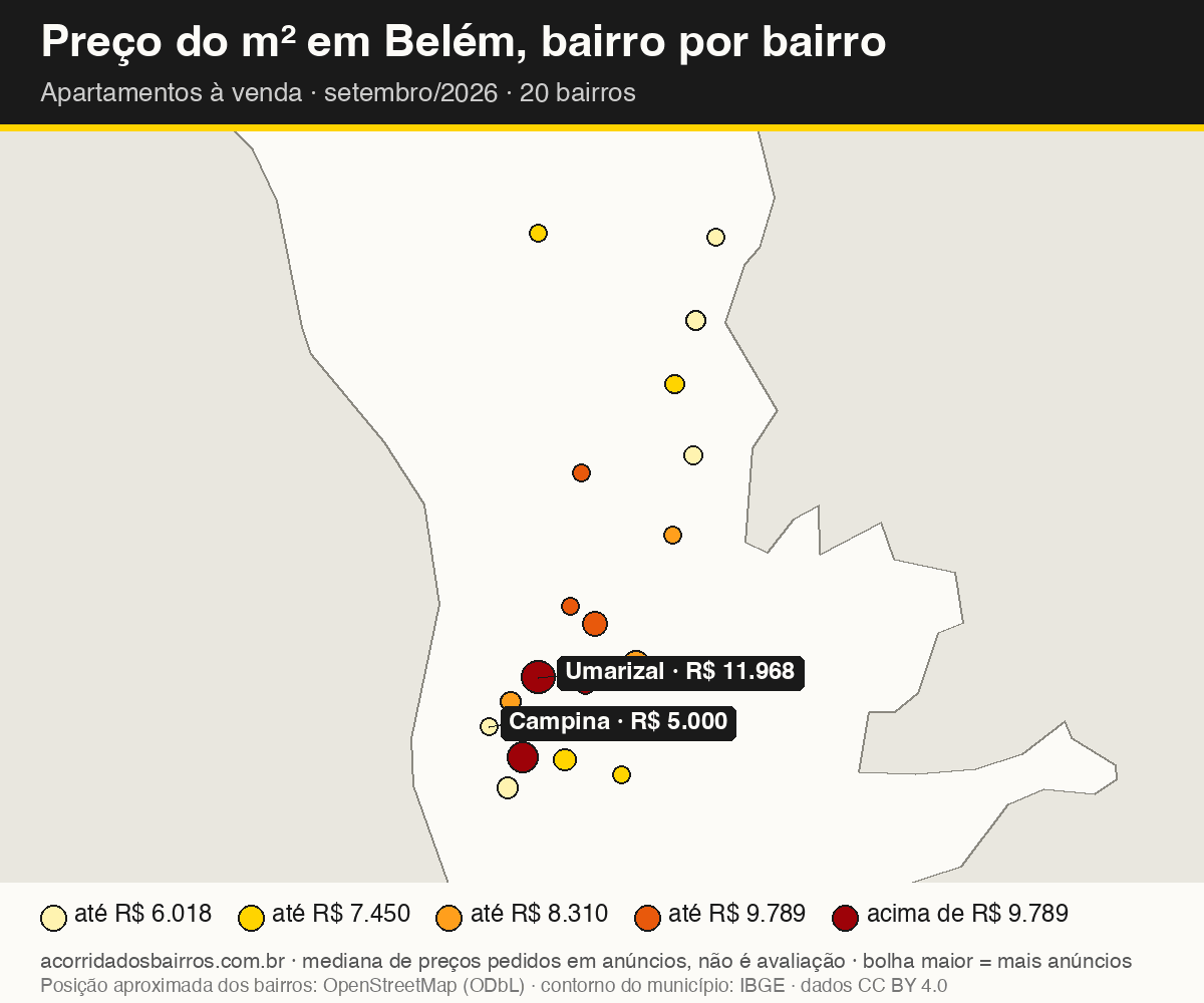 Mapa do preço do m² por bairro em Belém, apartamentos, venda, setembro/2026