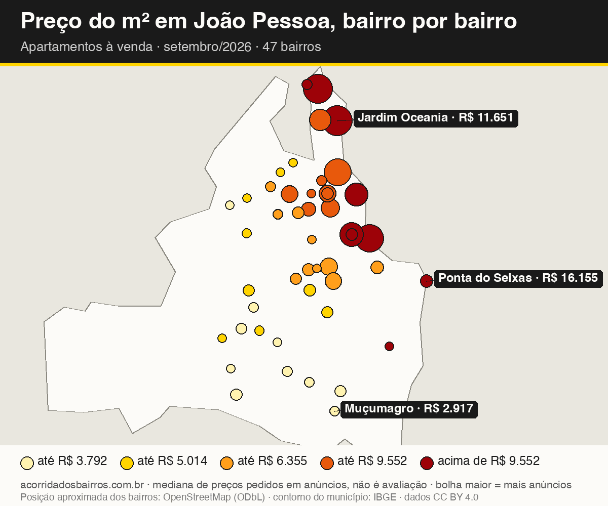 Mapa do preço do m² por bairro em João Pessoa, apartamentos, venda, setembro/2026