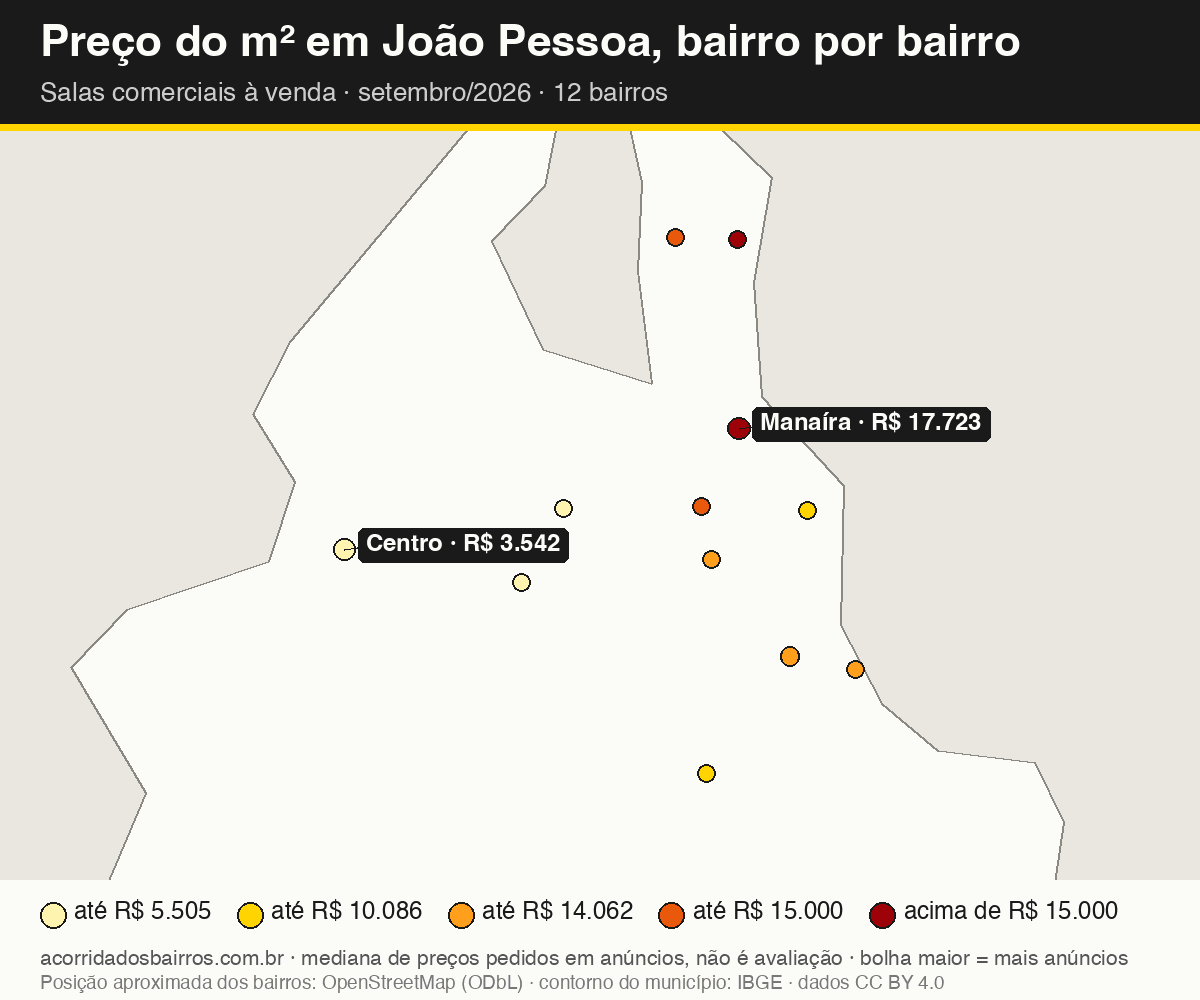 Mapa do preço do m² por bairro em João Pessoa, salas comerciais, venda, setembro/2026