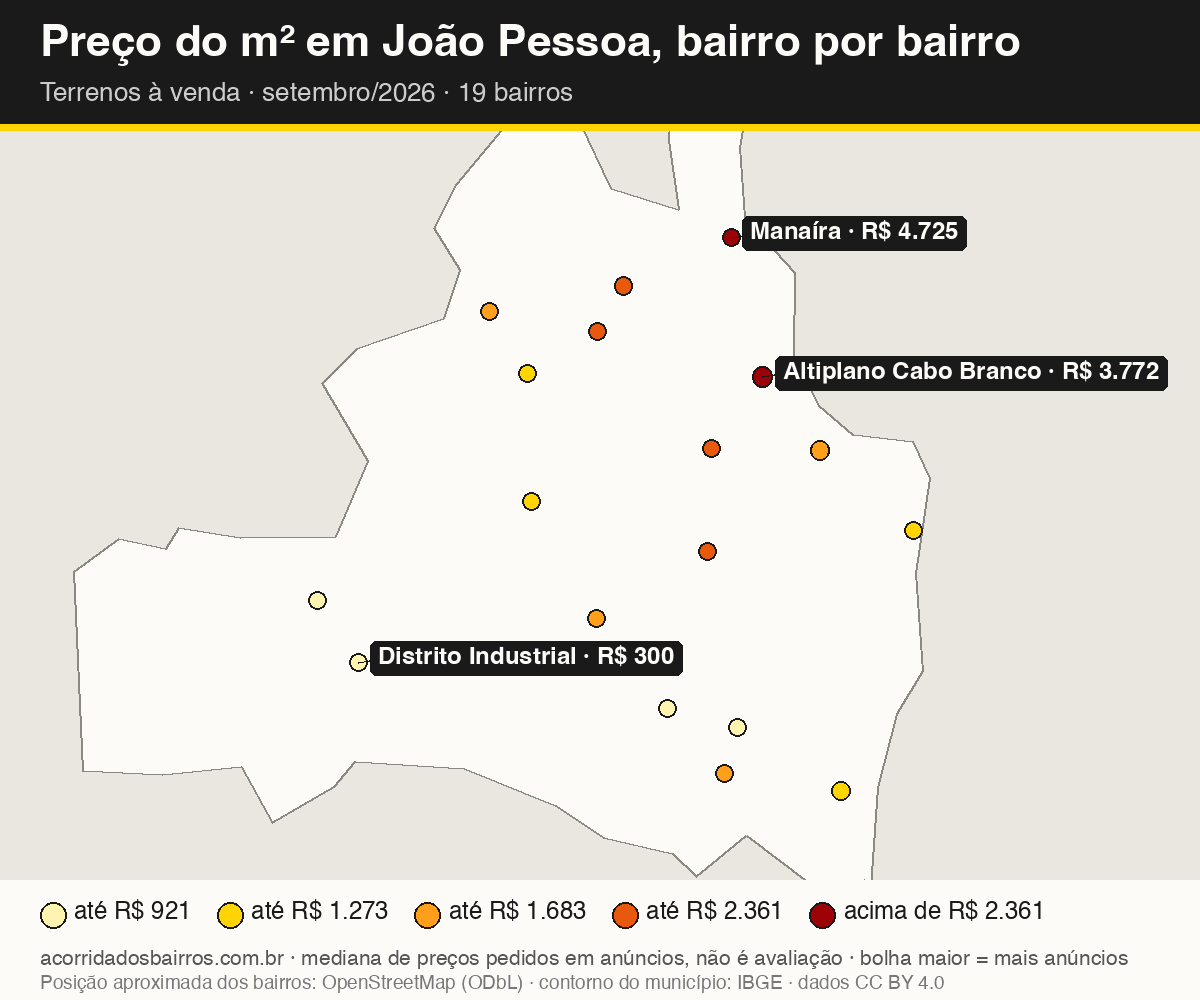 Mapa do preço do m² por bairro em João Pessoa, terrenos, venda, setembro/2026