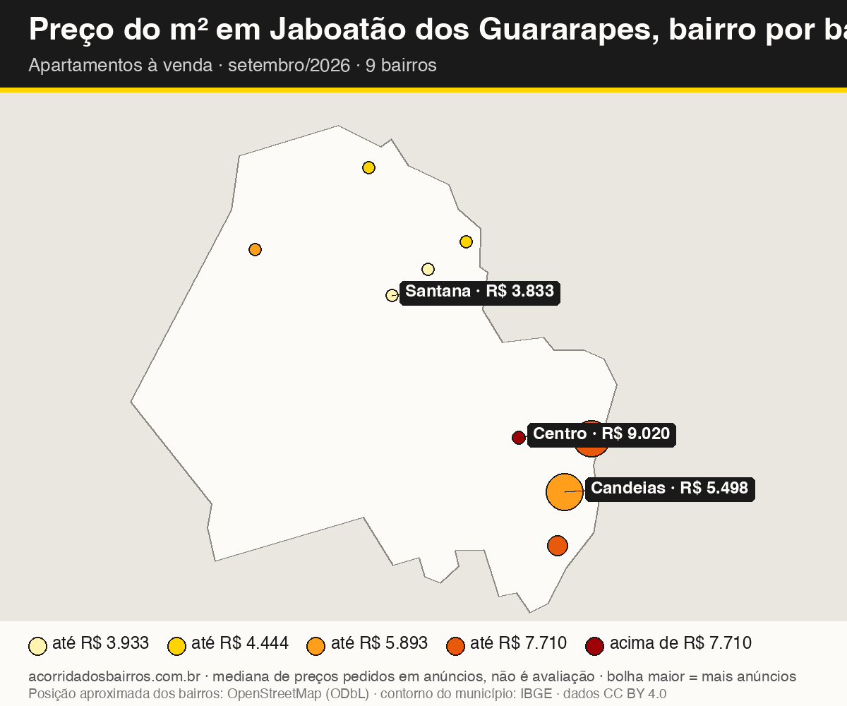 Mapa do preço do m² por bairro em Jaboatão dos Guararapes, apartamentos, venda, setembro/2026