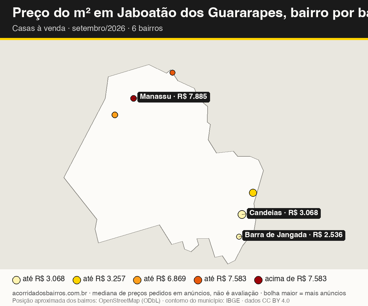 Mapa do preço do m² por bairro em Jaboatão dos Guararapes, casas, venda, setembro/2026