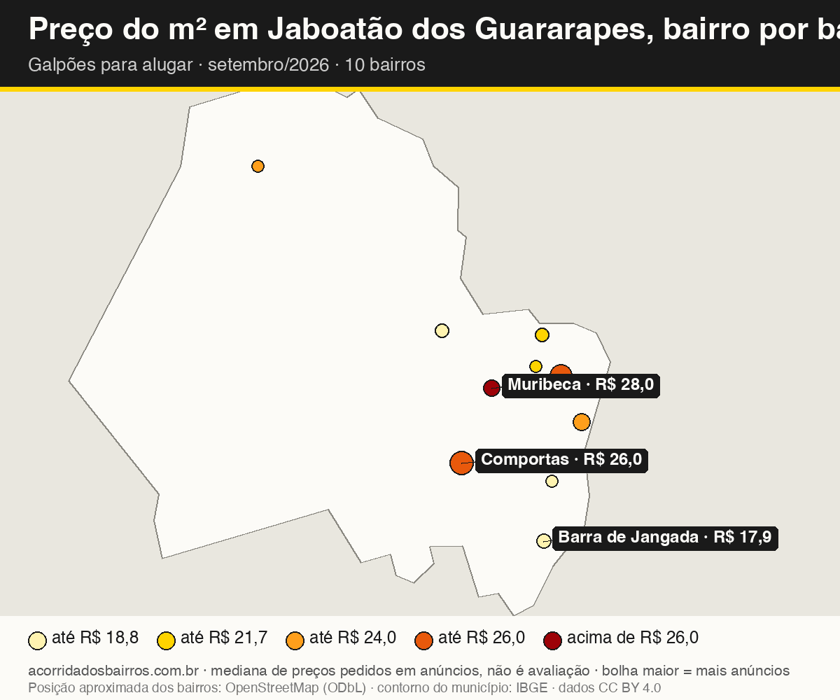 Mapa do preço do m² por bairro em Jaboatão dos Guararapes, galpões, aluguel, setembro/2026