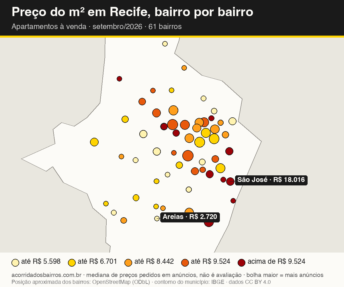 Mapa do preço do m² por bairro em Recife, apartamentos, venda, setembro/2026