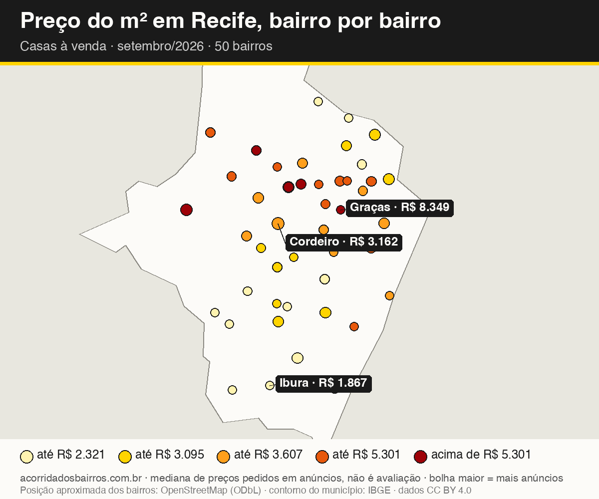 Mapa do preço do m² por bairro em Recife, casas, venda, setembro/2026