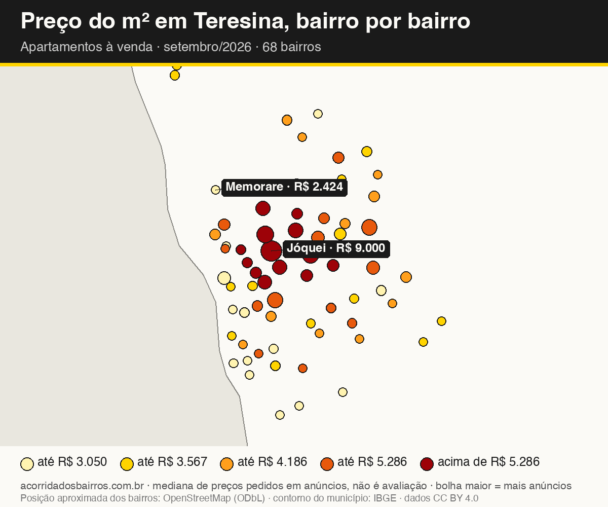 Mapa do preço do m² por bairro em Teresina, apartamentos, venda, setembro/2026
