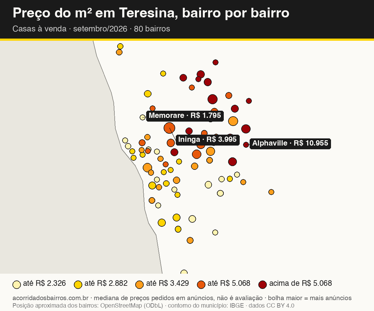 Mapa do preço do m² por bairro em Teresina, casas, venda, setembro/2026
